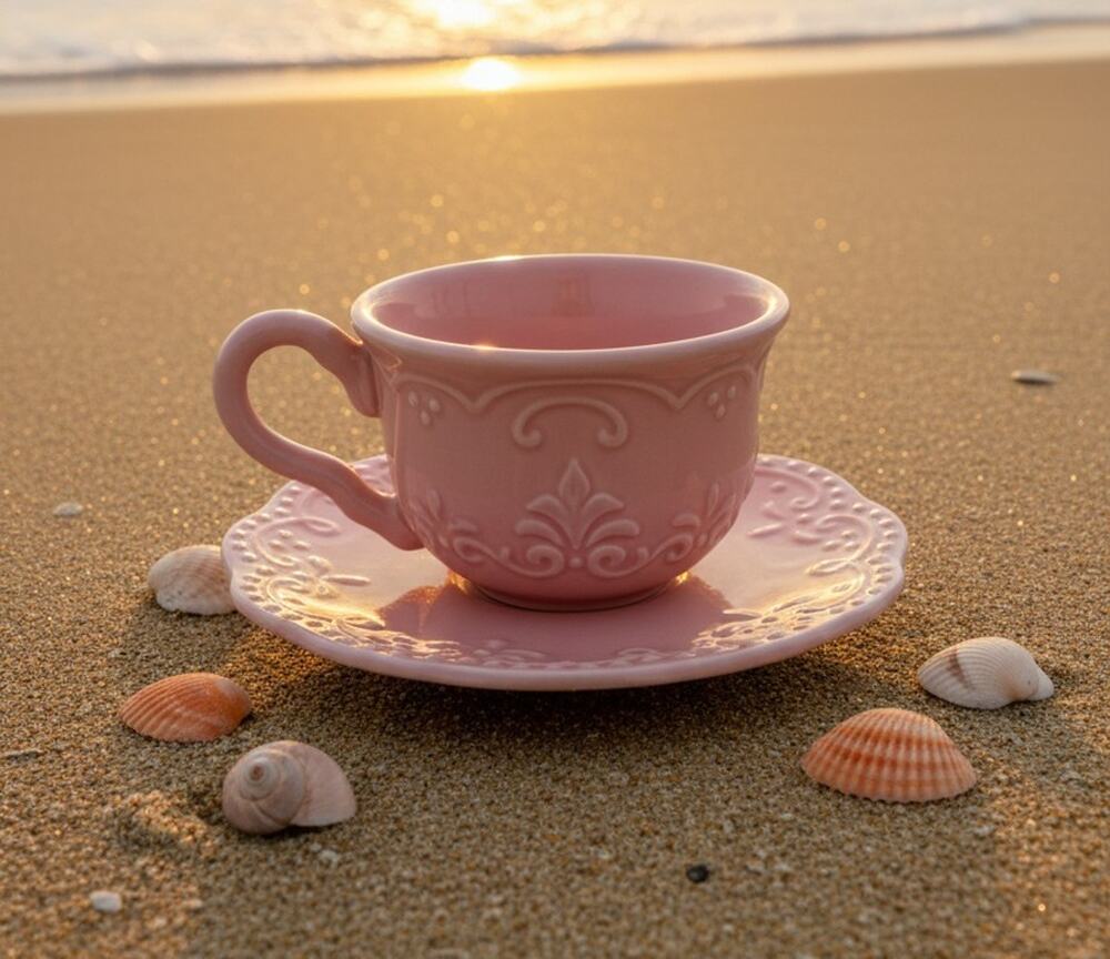 Vintage Flat Cup & Saucer Set Scallop Pink by American Atelier